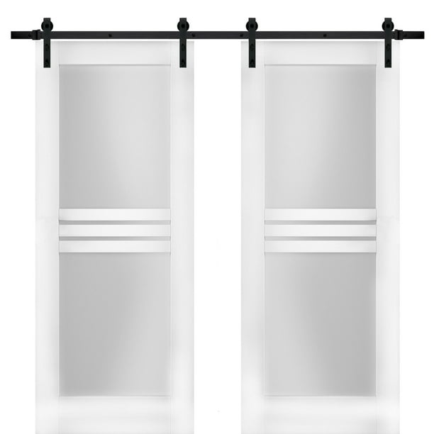 Modern Double Barn Door 64 x 96 inches with Opaque Glass 4 Lites/Mela 7222 White Silk/Stainless Steel 13FT Rail Track Set/Solid Panel Interior Doors 